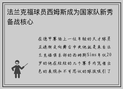 法兰克福球员西姆斯成为国家队新秀备战核心