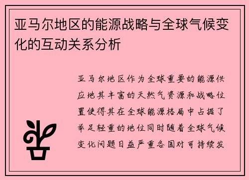 亚马尔地区的能源战略与全球气候变化的互动关系分析